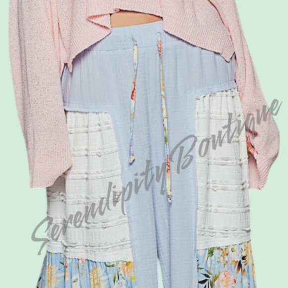 POL Flowy Lace & Double Gauze Floral Patch Palazzo Wide Leg Breezy Pants - Picture 6 of 11